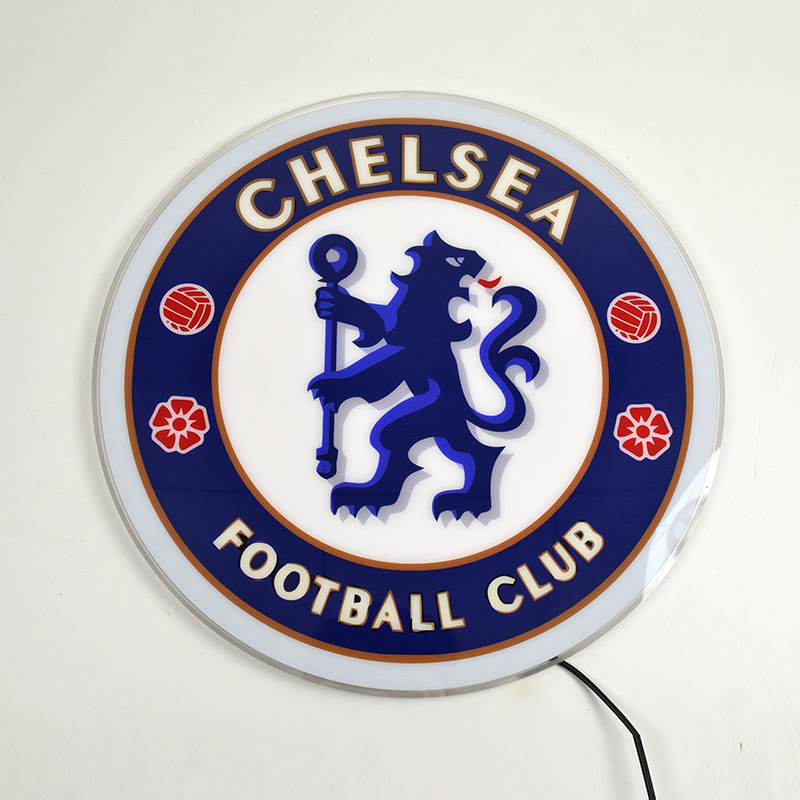 Chelsea FC acrylic panel switched off, showing UV printed crest