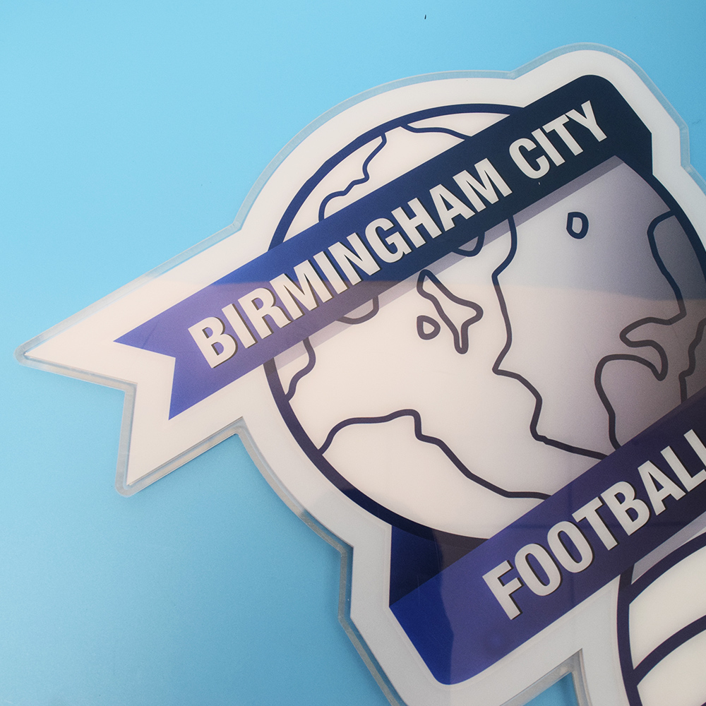 Close-up of the UV printed Birmingham City crest detail