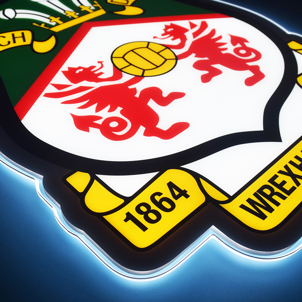 Close-up of the UV printed Wrexham AFC crest