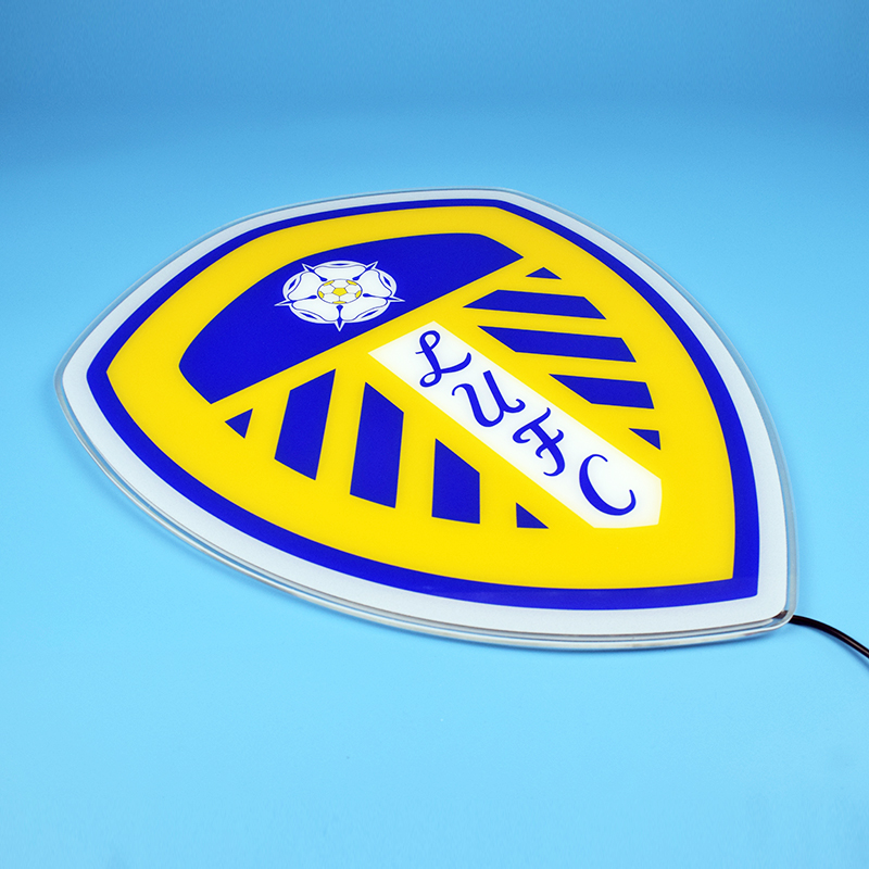 Angled lit view of the Leeds United acrylic panel