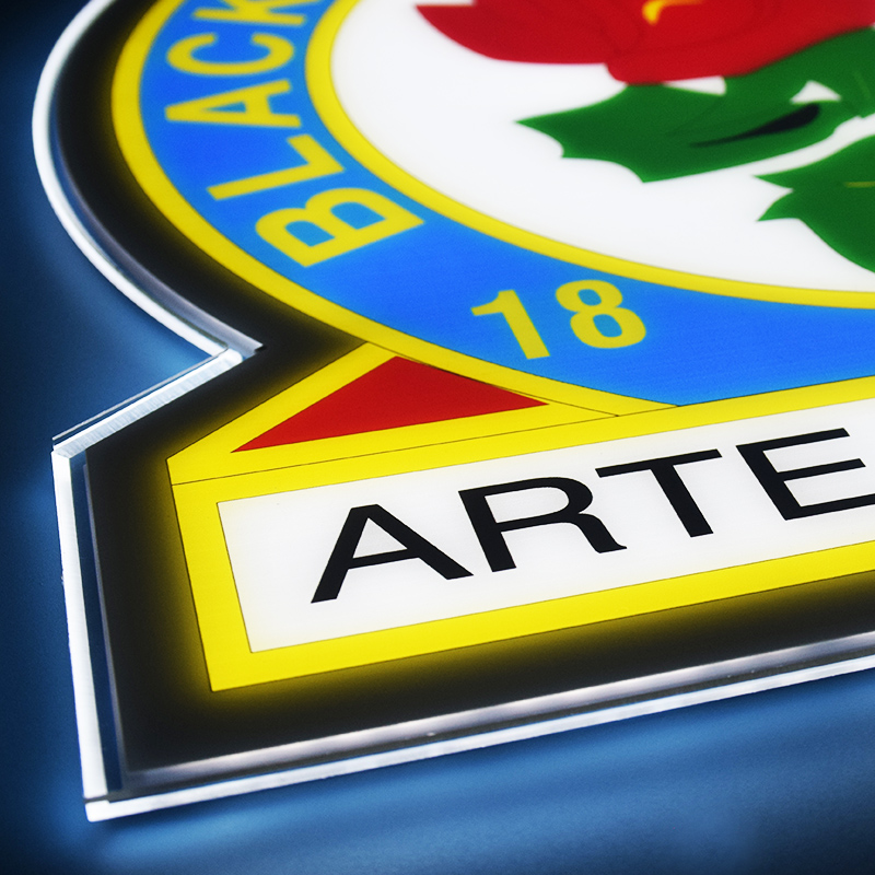 Close-up of the UV printed Blackburn Rovers crest detail