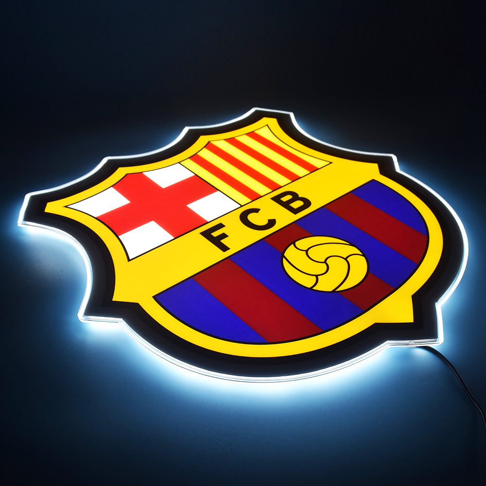 FC Barcelona LED panel glowing at a low angle
