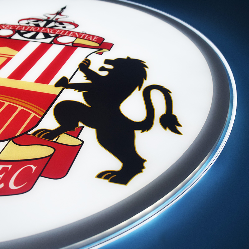 Close-up of the UV printed Sunderland AFC crest while lit