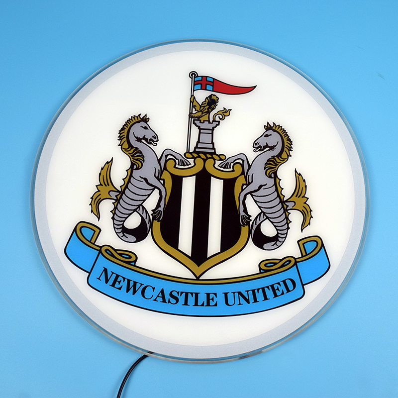 Newcastle United acrylic panel switched off, showing UV printed crest