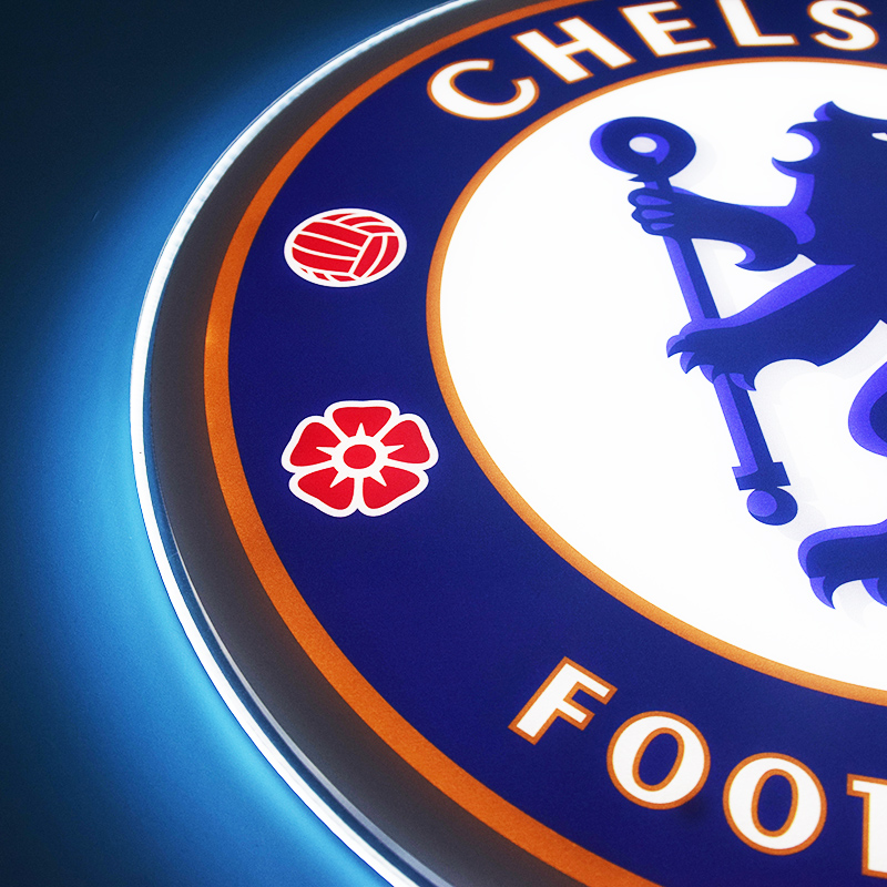 Close-up of the UV printed Chelsea FC crest detail