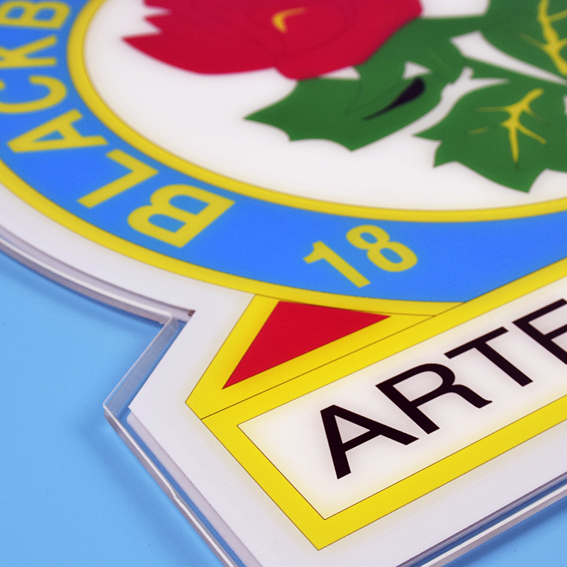 Close-up of the Blackburn Rovers acrylic panel edge and print