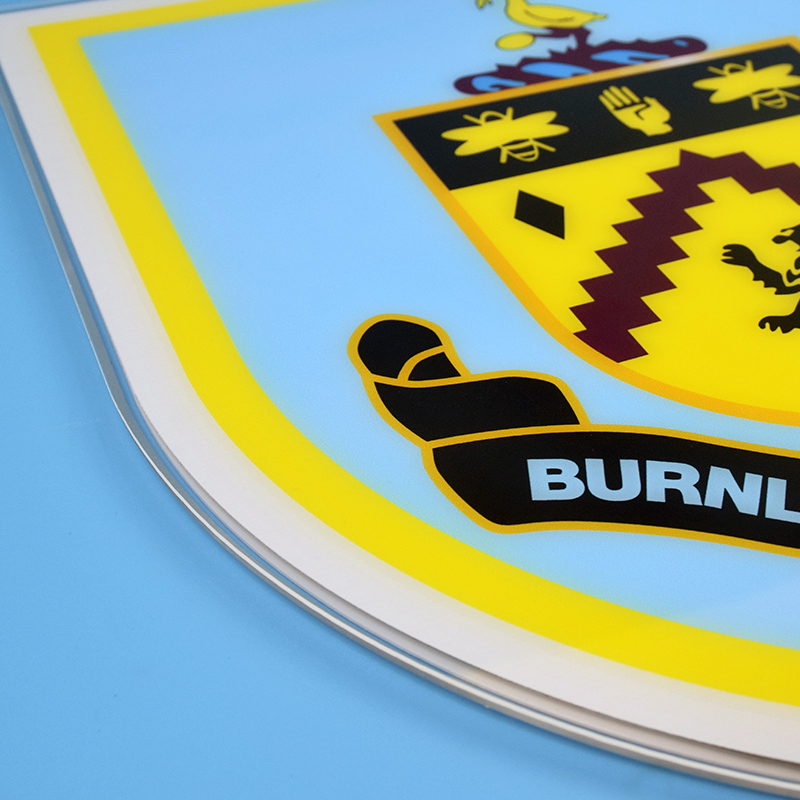 Close-up of the UV printed Burnley crest detail