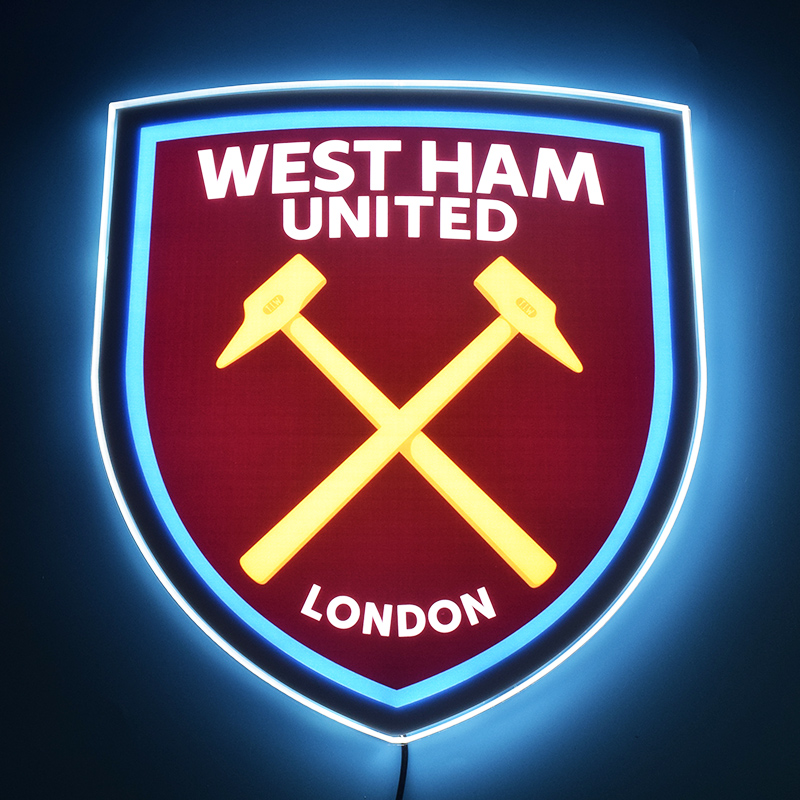 West Ham United crest LED light-up panel glowing on a dark wall