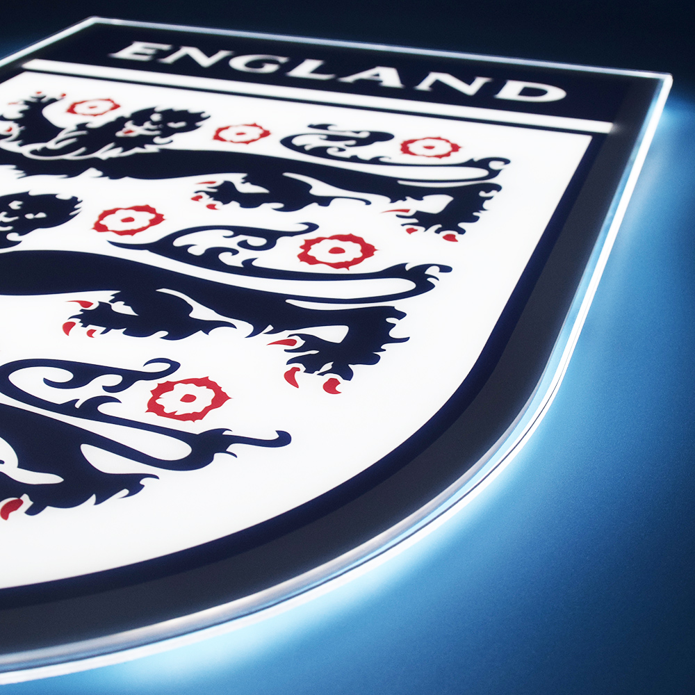 Close-up of the lit England crest panel edge
