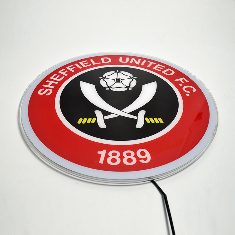 Angled view of the Sheffield United acrylic panel unlit