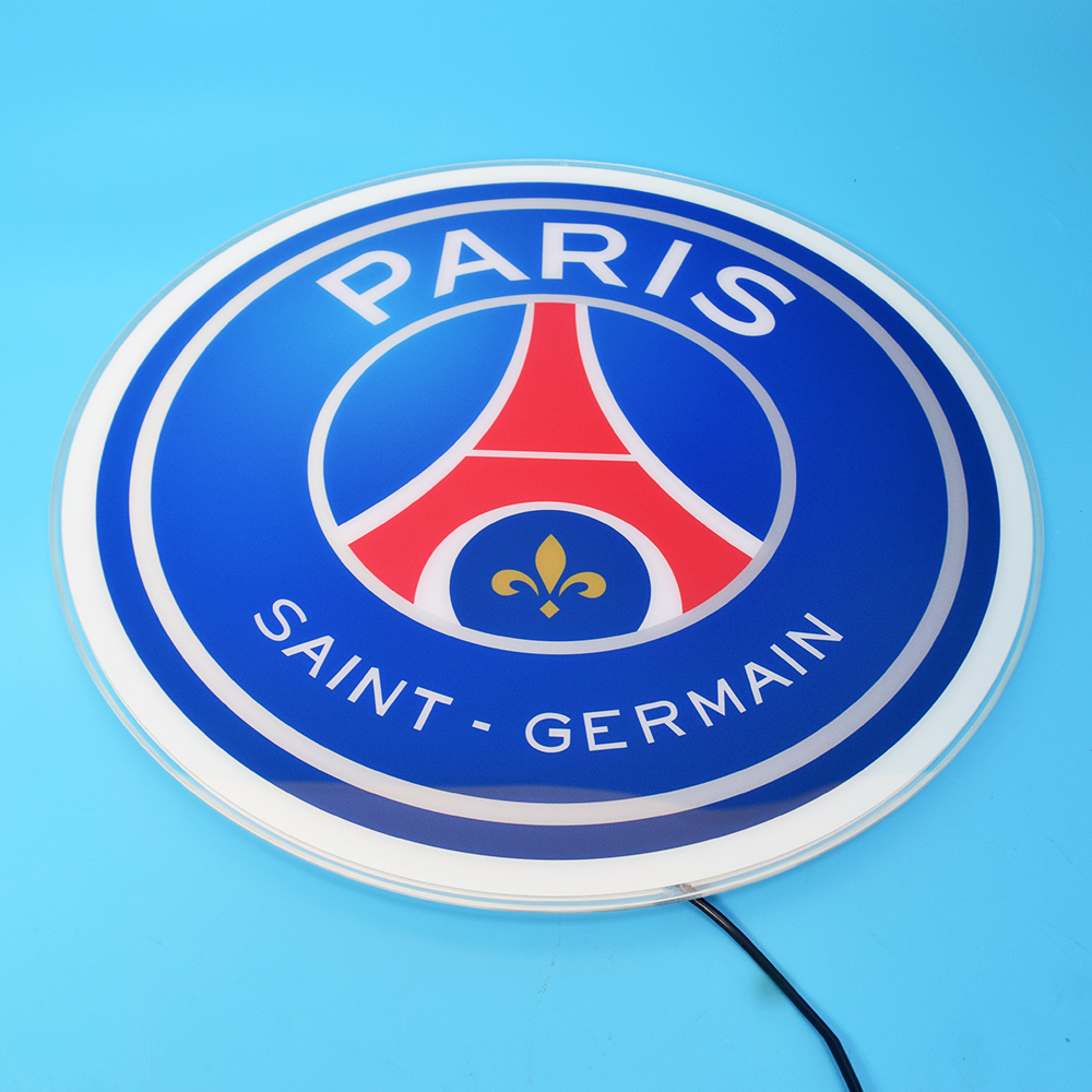 Unlit Paris Saint-Germain acrylic panel at an angle