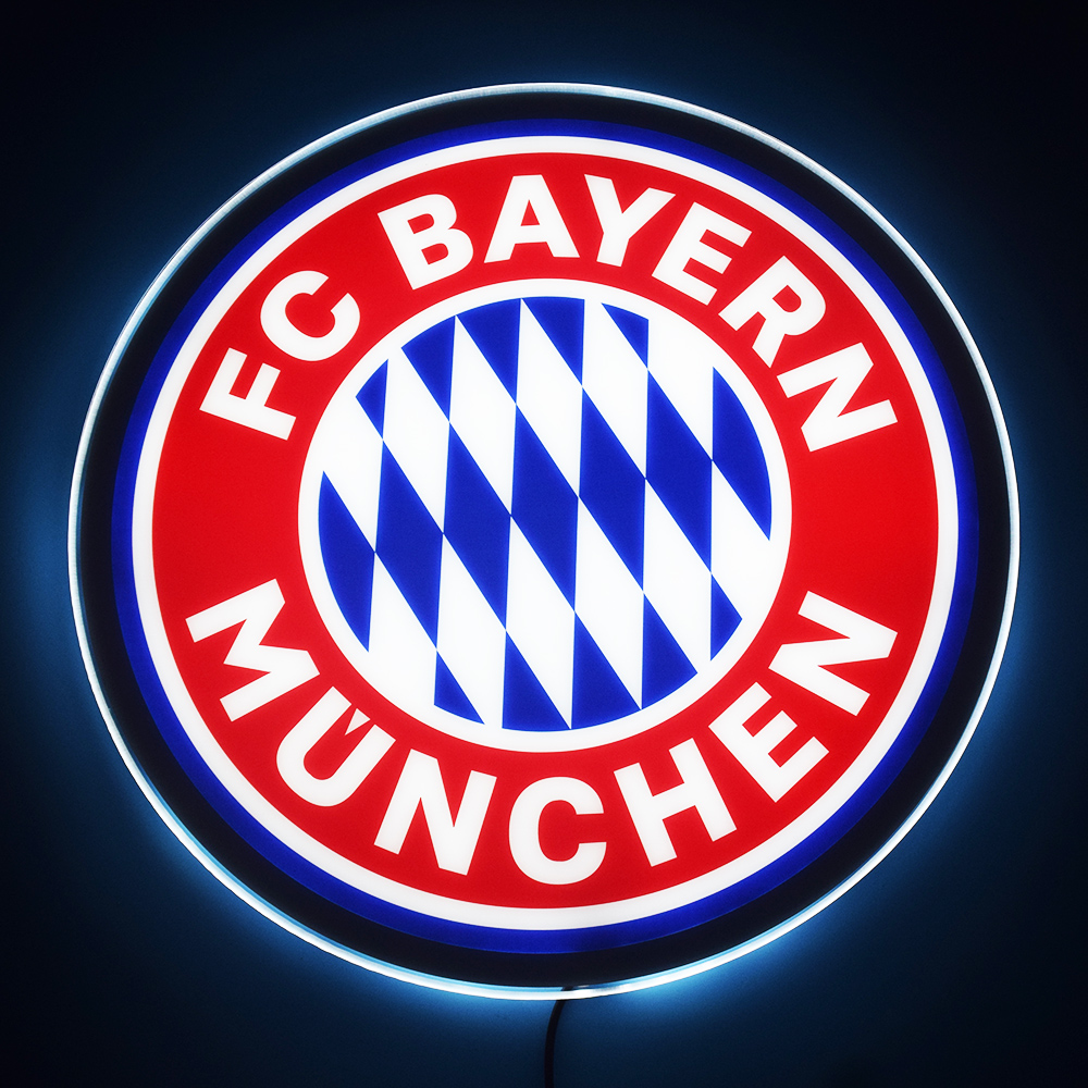 FC Bayern Munich LED light-up panel glowing on a dark wall