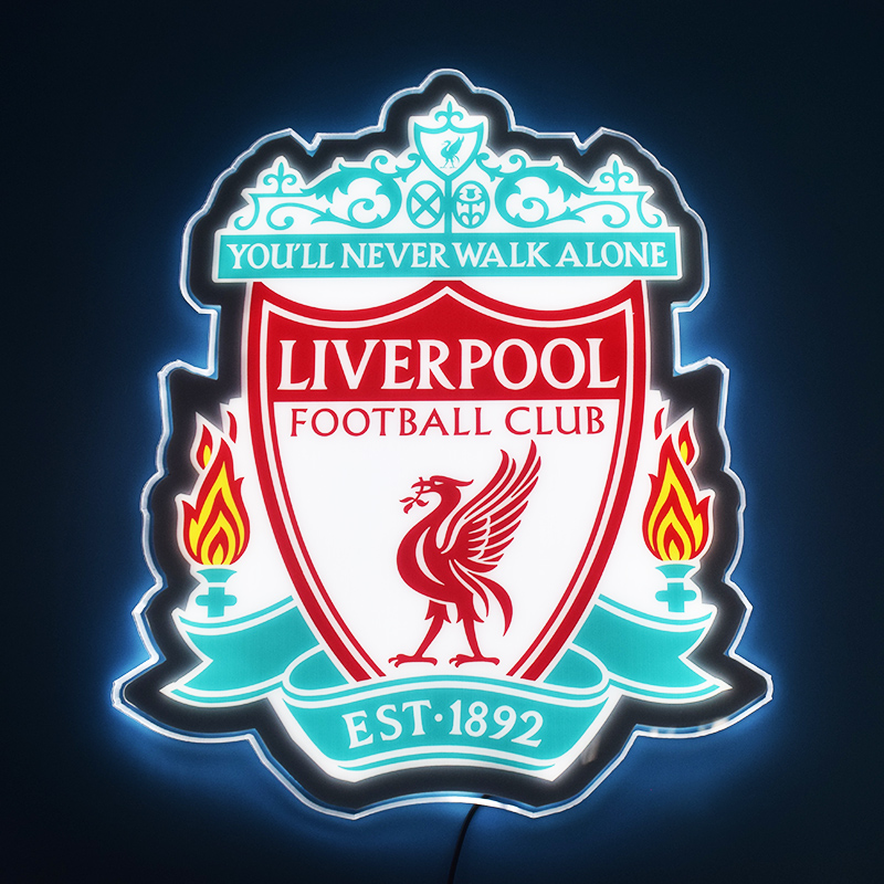 Liverpool FC crest LED light-up panel glowing on a dark wall