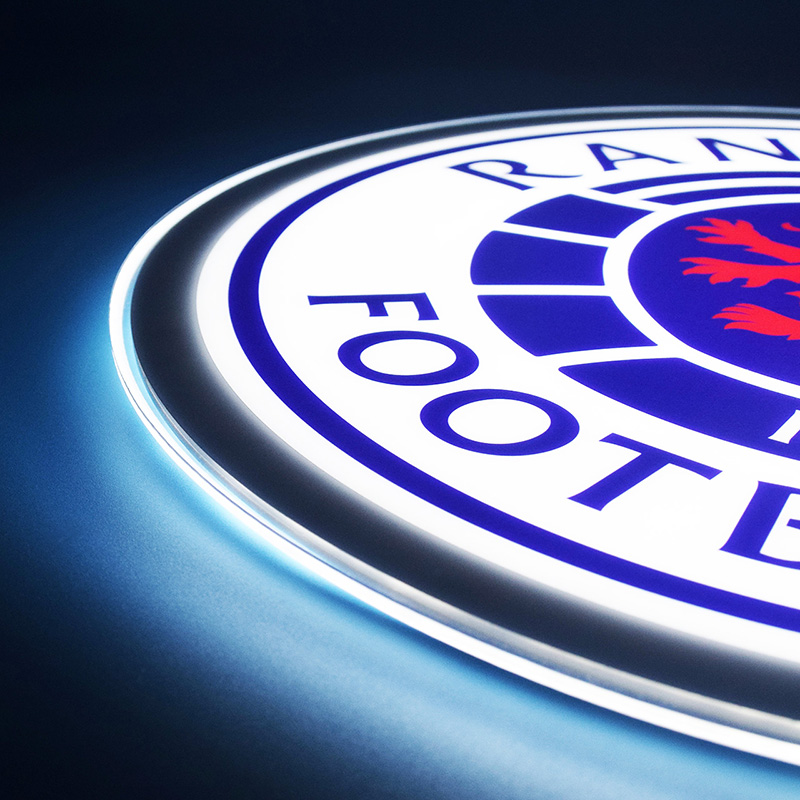 Close-up of the UV printed Rangers FC crest detail