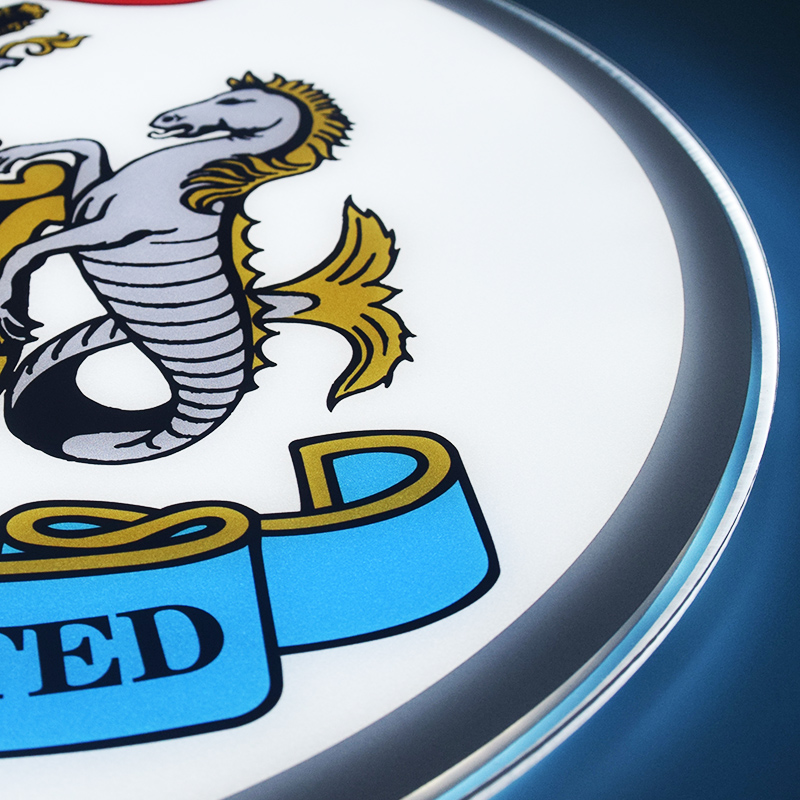 Close-up of the UV printed Newcastle United crest detail