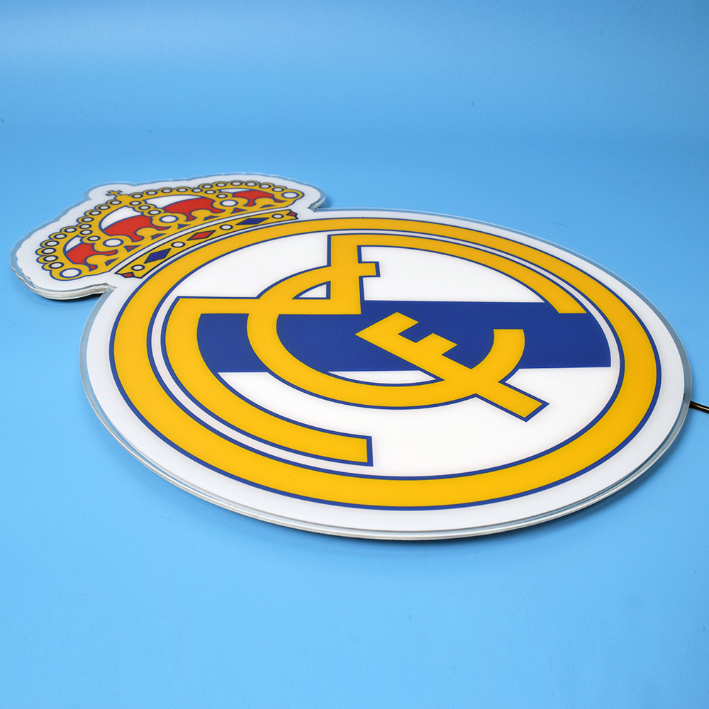 Unlit Real Madrid acrylic panel at a low angle