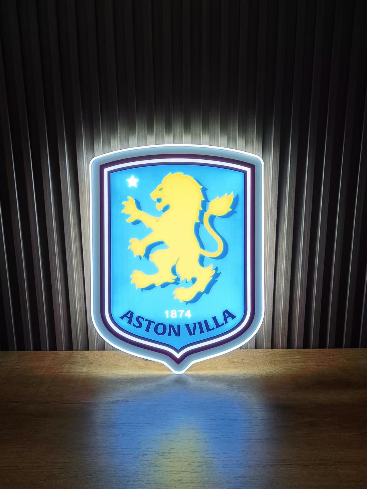 Aston Villa crest LED light-up panel glowing on a dark wall