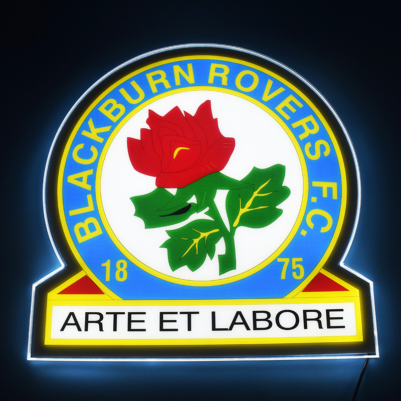 Blackburn Rovers crest LED light-up panel glowing on a dark wall