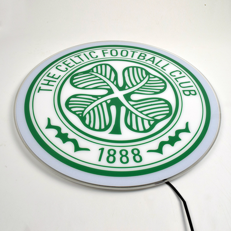 Celtic FC acrylic panel switched off, showing UV printed crest