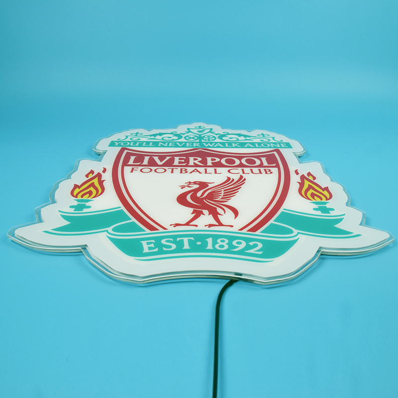 Unlit Liverpool FC acrylic panel at a low angle