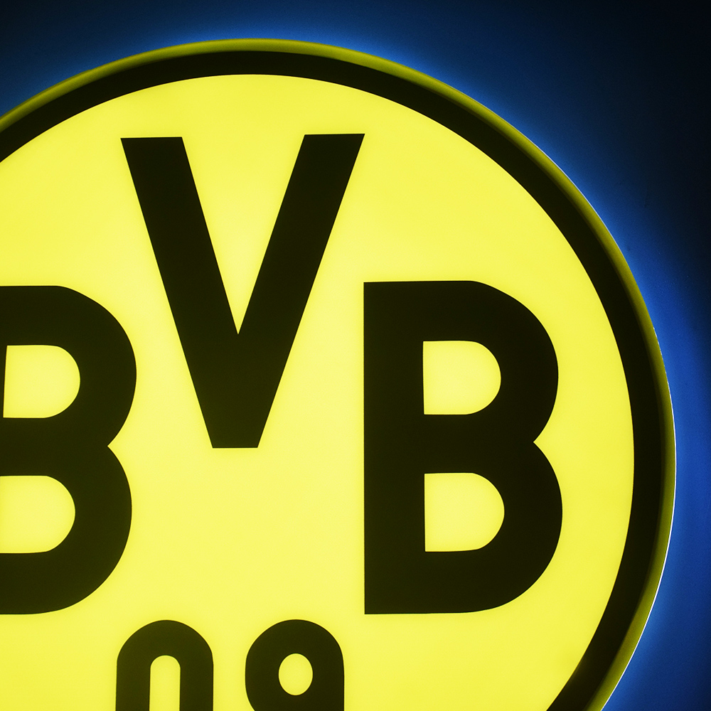 Close-up of the illuminated Borussia Dortmund BVB 09 crest
