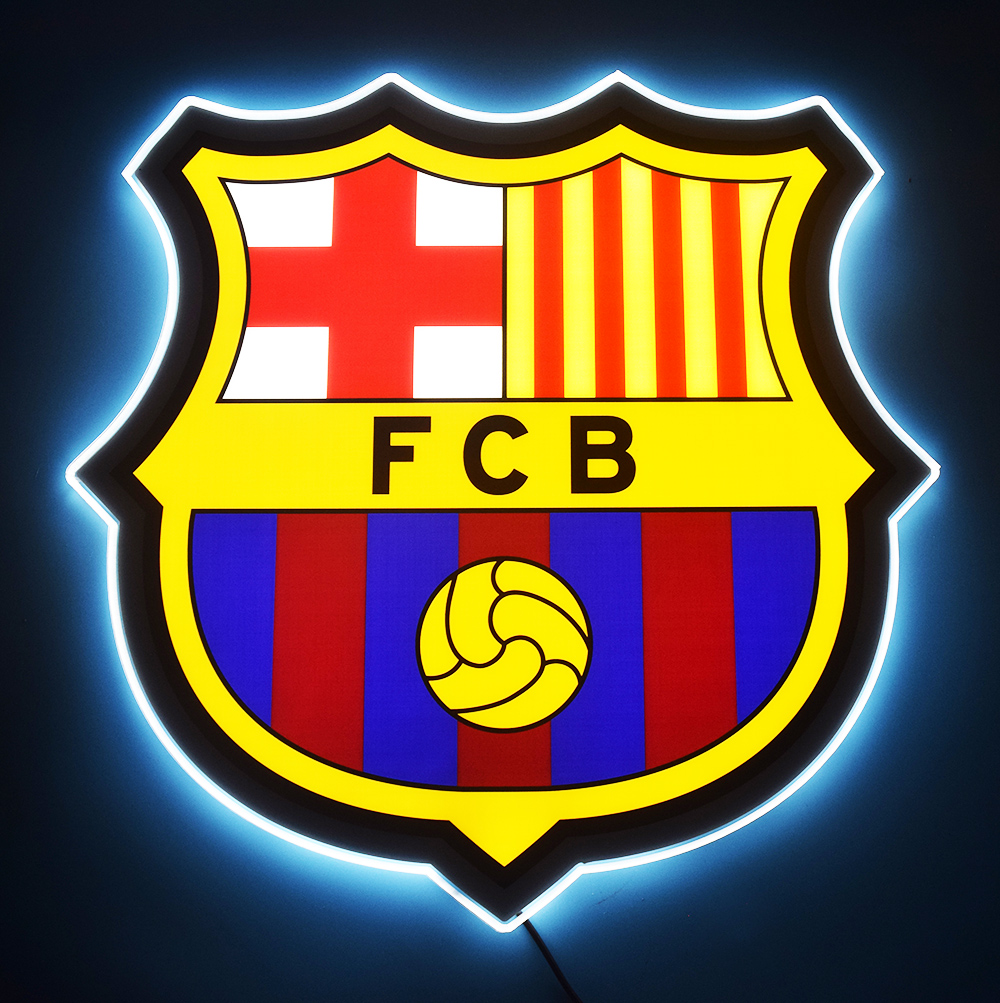 FC Barcelona crest LED light-up panel glowing on a dark wall