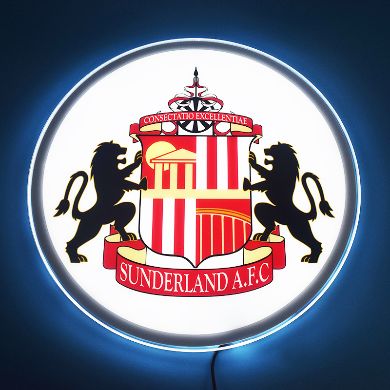 Sunderland AFC LED light-up panel glowing on a dark wall