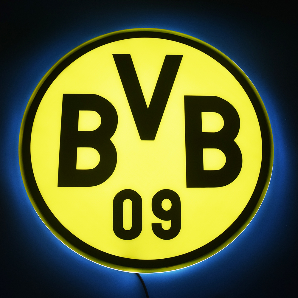 Borussia Dortmund BVB LED light-up panel glowing on a dark wall