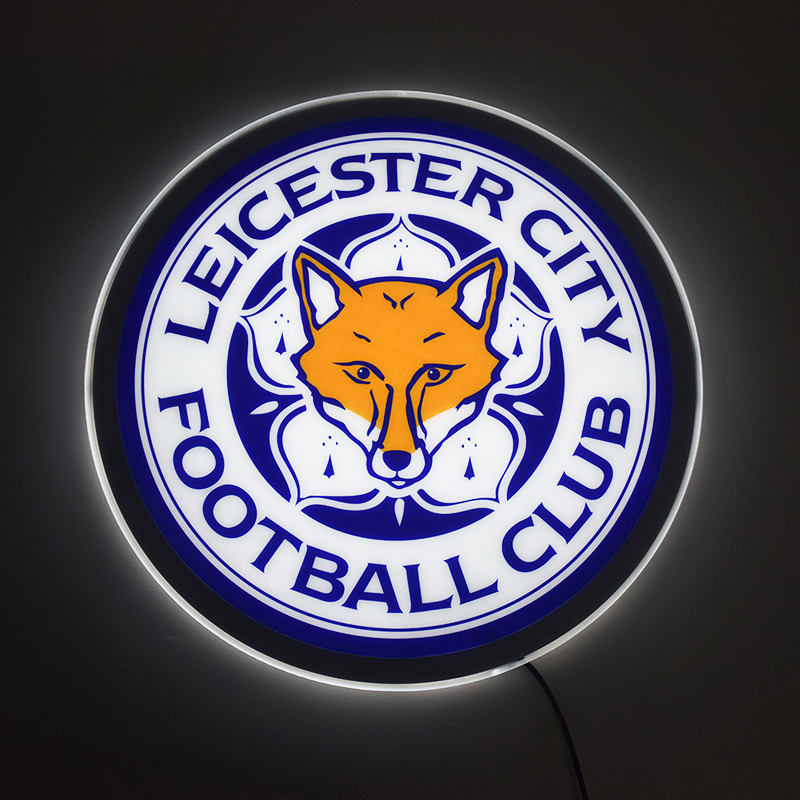 Leicester City LED light-up panel glowing on a dark wall