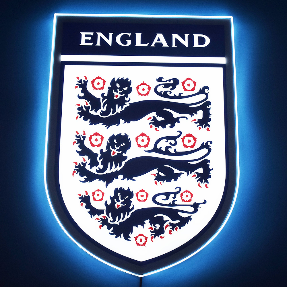 England crest LED light-up panel glowing on a dark wall