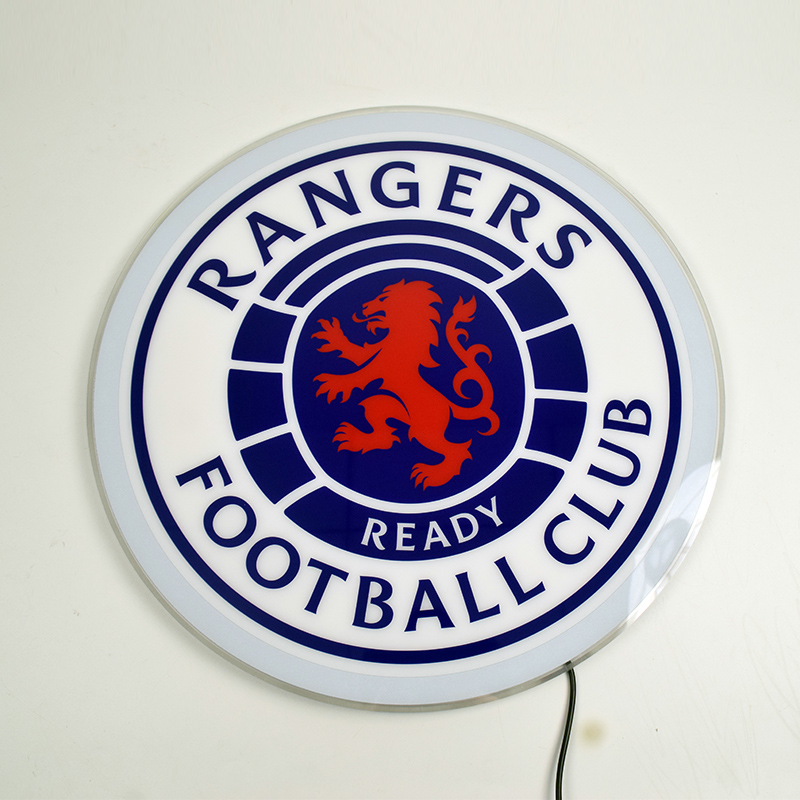 Rangers FC acrylic panel switched off, showing UV printed crest