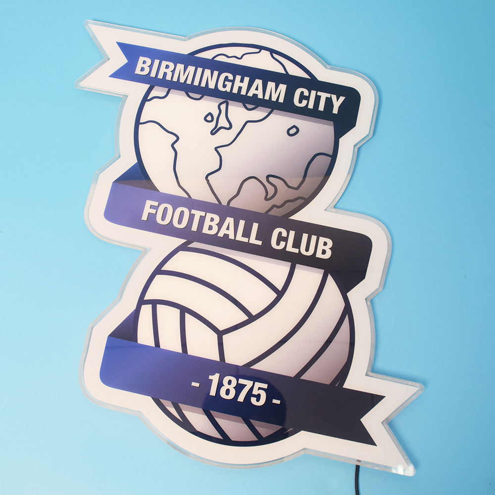 Birmingham City acrylic panel unlit on a wall