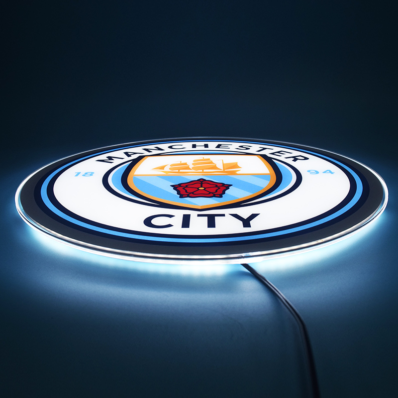 Manchester City LED panel glowing, angled side view
