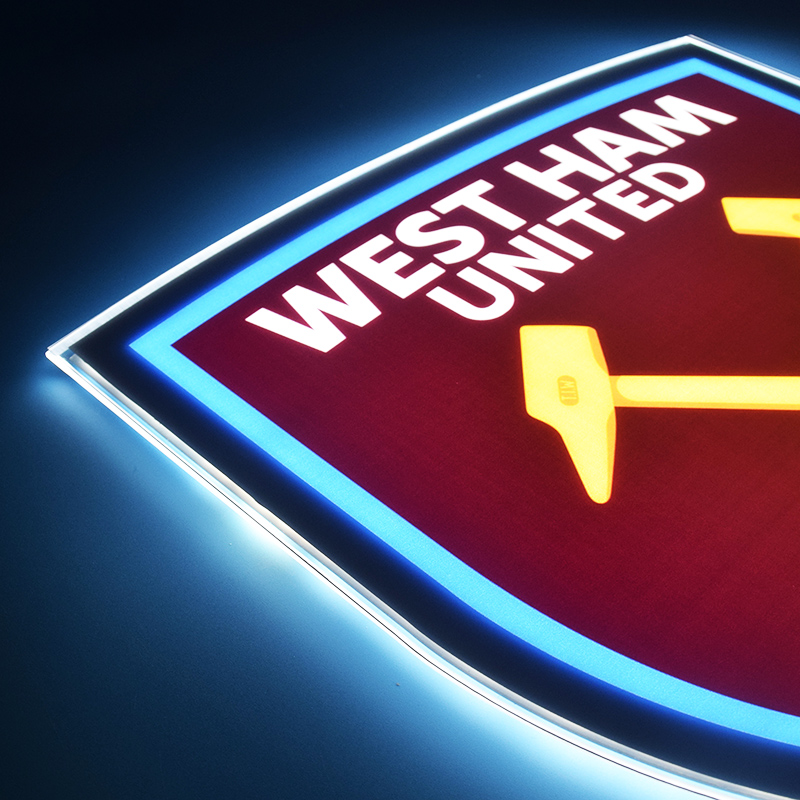 Close-up of the UV printed West Ham United crest