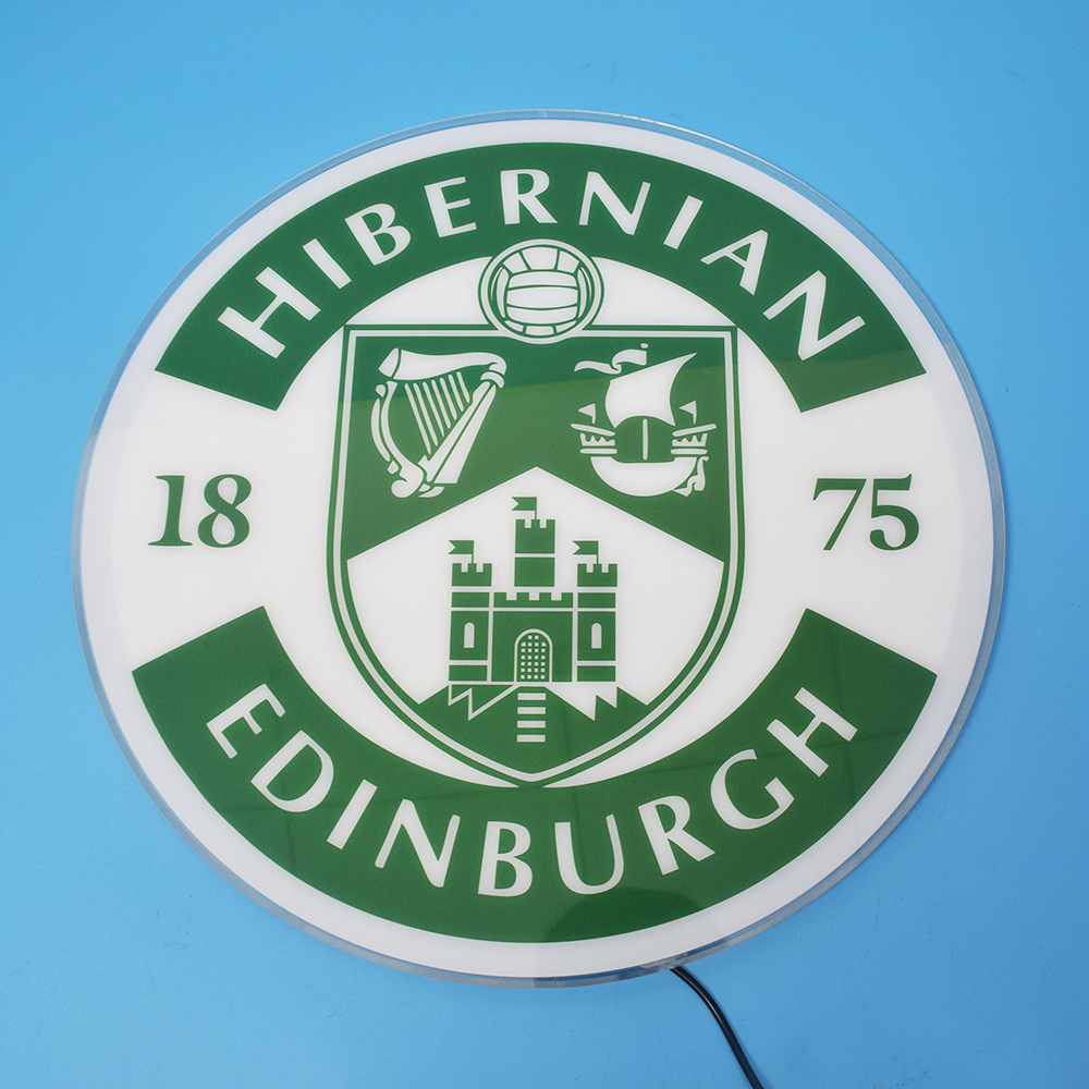 Hibernian acrylic panel switched off, showing UV printed crest