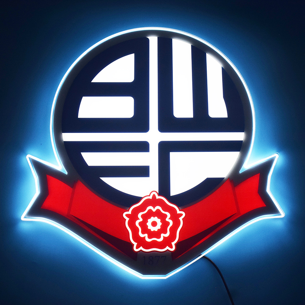 Bolton Wanderers crest LED light-up panel glowing on a dark wall