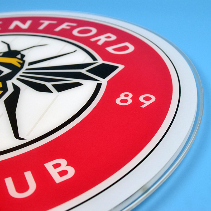 Close-up of the UV printed Brentford FC crest detail