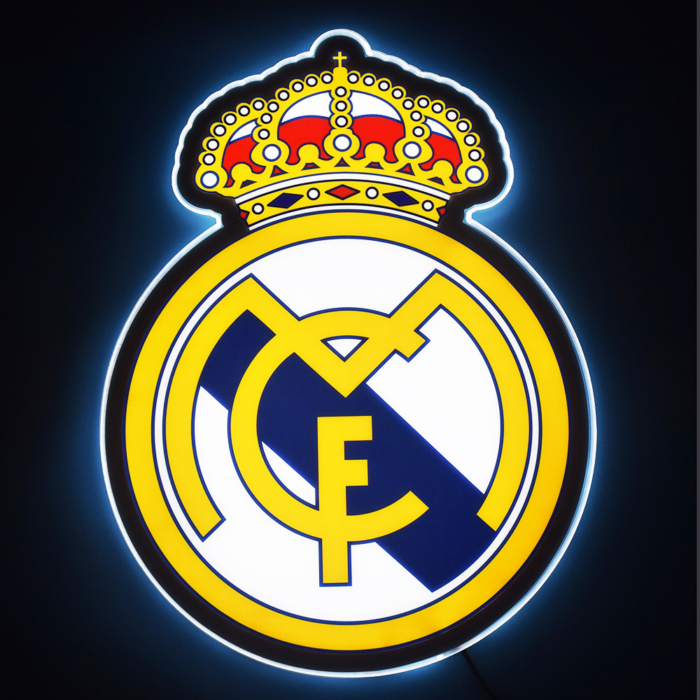 Real Madrid crest LED light-up panel glowing on a dark wall