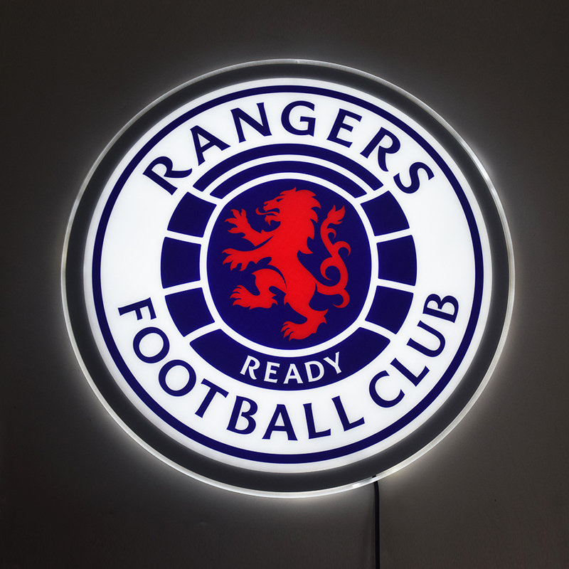 Rangers FC LED light-up panel glowing on a wall