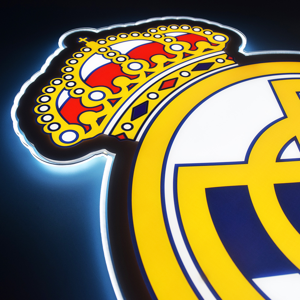 Close-up of the lit Real Madrid crown detail