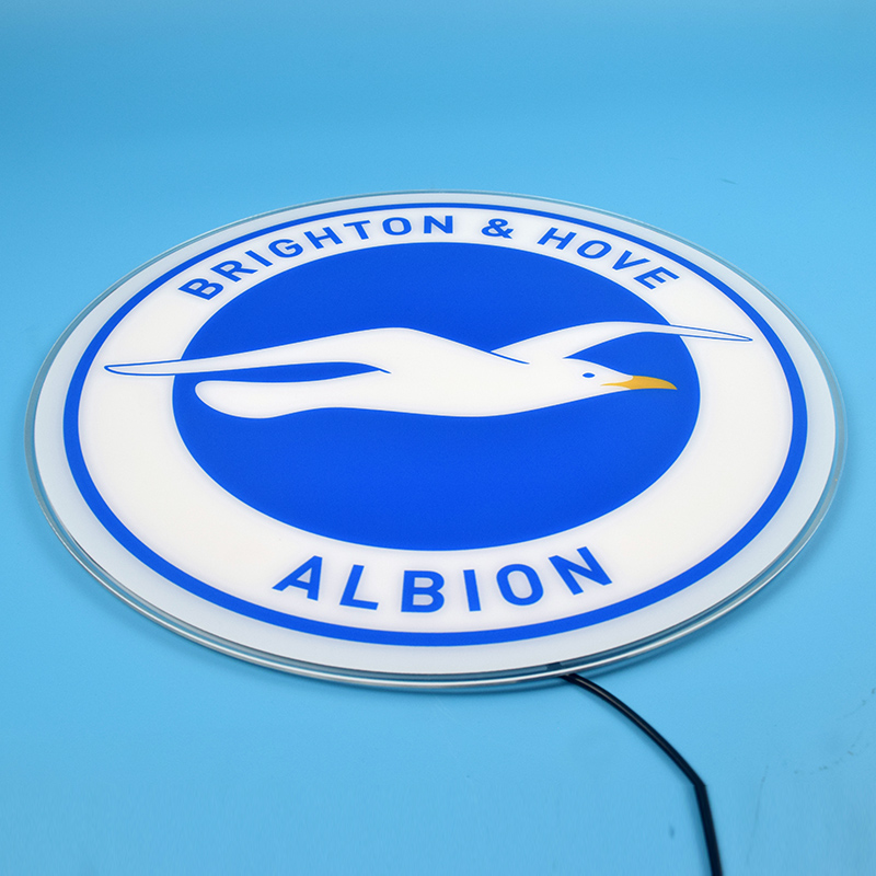 Brighton & Hove Albion acrylic panel switched off, showing UV printed crest